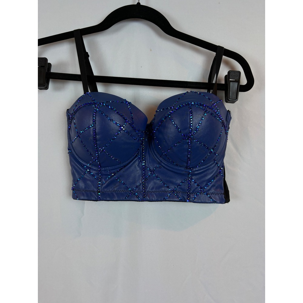 Blue Faux Leather Rhinestone Bustier Crop Top Bralette Festival Rave RN 107308